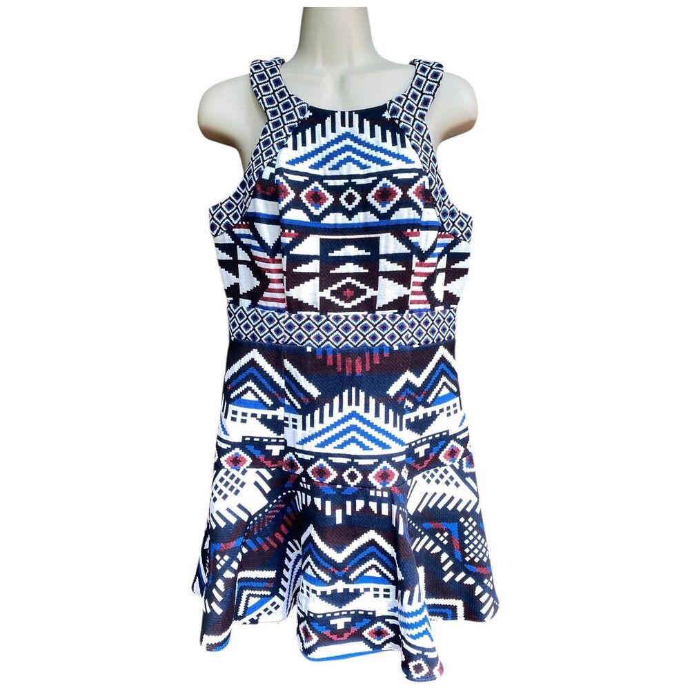 Parker Aztec Geometric Tribal Pattern Fit n Flare Cocktail Mini Hatler Dress L